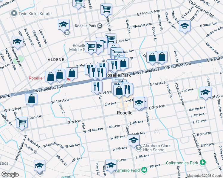 map of restaurants, bars, coffee shops, grocery stores, and more near 128 West 1st Avenue in Roselle