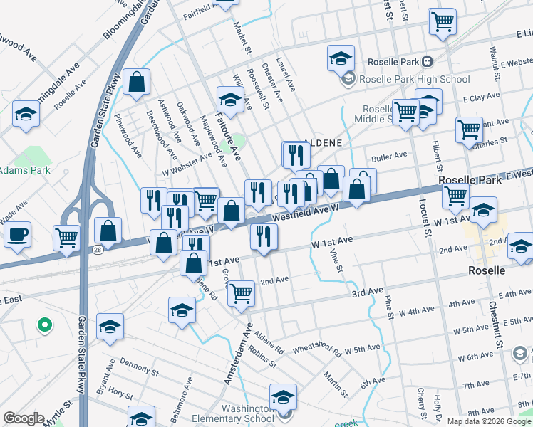 map of restaurants, bars, coffee shops, grocery stores, and more near 375 Westfield Avenue West in Roselle Park
