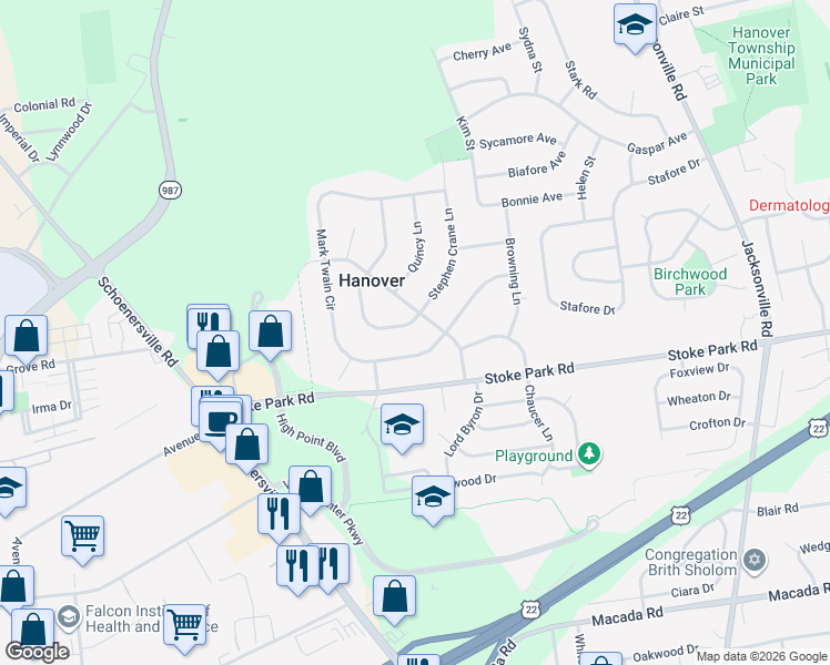 map of restaurants, bars, coffee shops, grocery stores, and more near 1610 Chippendale Circle in Bethlehem