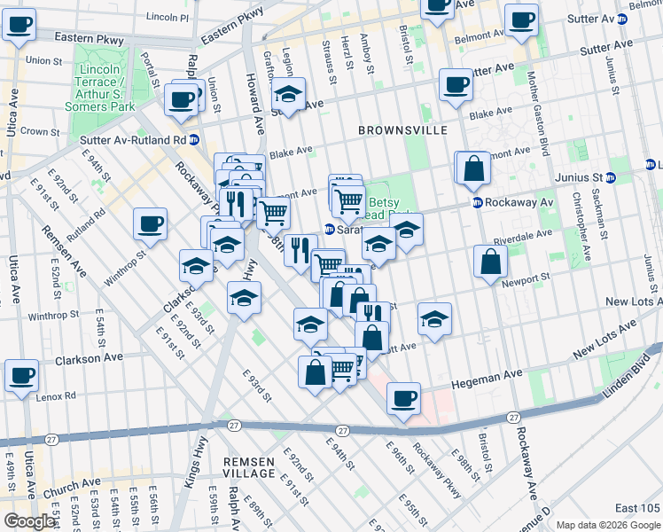 map of restaurants, bars, coffee shops, grocery stores, and more near 822 Saratoga Avenue in Brooklyn
