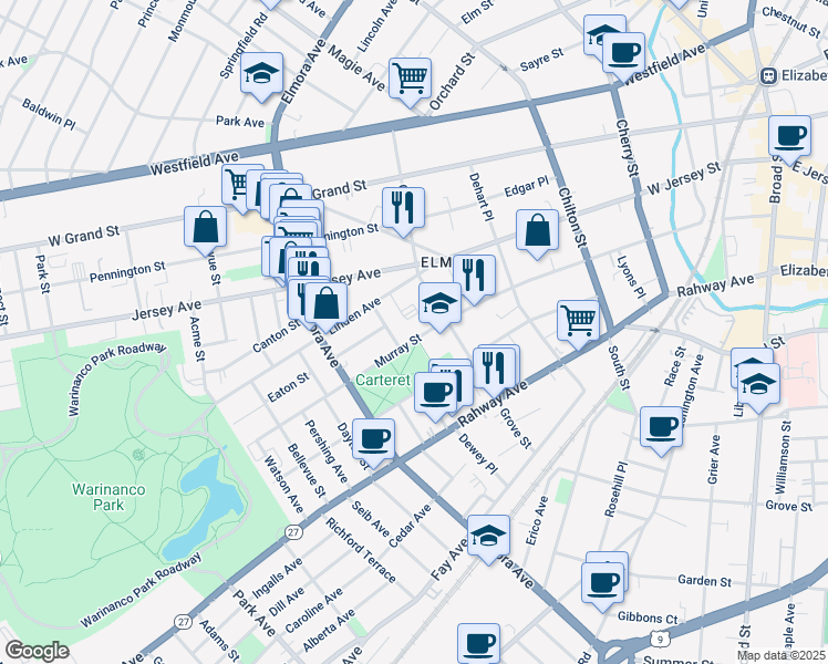 map of restaurants, bars, coffee shops, grocery stores, and more near 427 Murray Street in Elizabeth