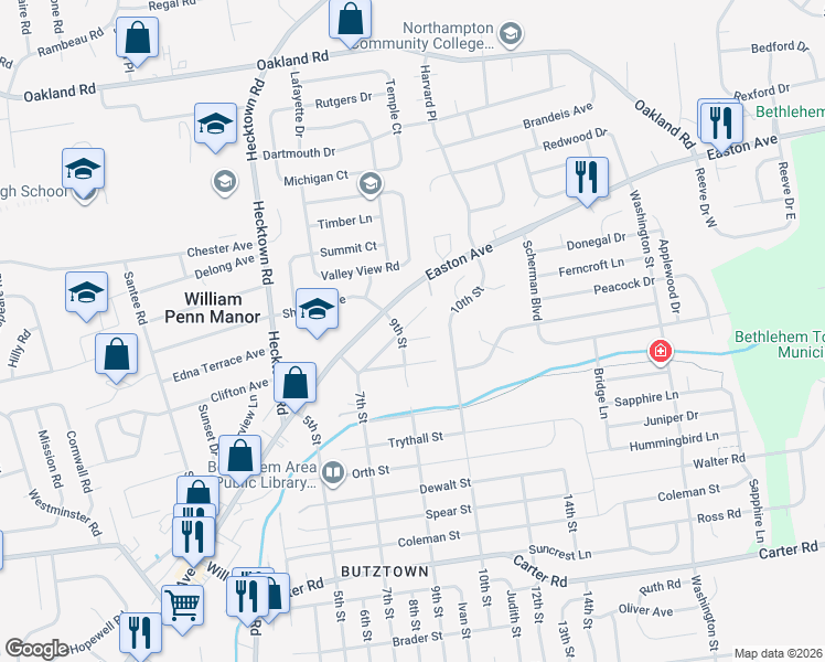 map of restaurants, bars, coffee shops, grocery stores, and more near 3700 Kelchner Street in Bethlehem