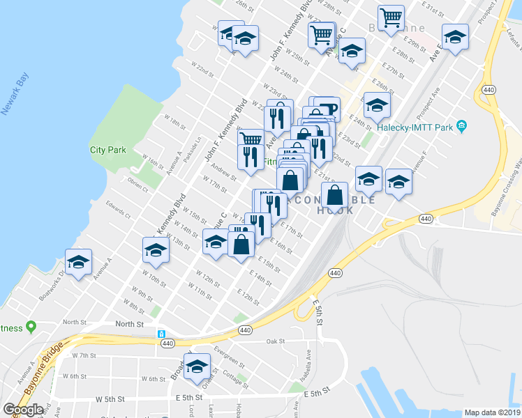 map of restaurants, bars, coffee shops, grocery stores, and more near 21 West 17th Street in Bayonne