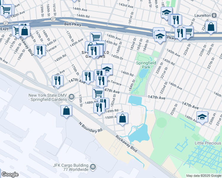 map of restaurants, bars, coffee shops, grocery stores, and more near 178-23 147th Avenue in Queens