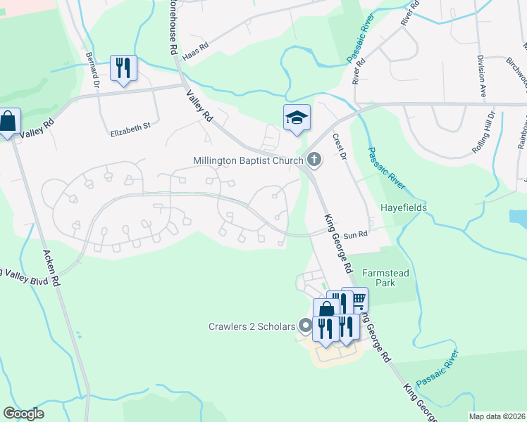 map of restaurants, bars, coffee shops, grocery stores, and more near 66 Commonwealth Drive in Bernards