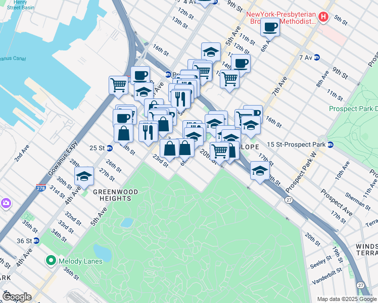 map of restaurants, bars, coffee shops, grocery stores, and more near 283 21st Street in Brooklyn