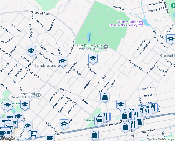 map of restaurants, bars, coffee shops, grocery stores, and more near 821 Sherbrooke Drive in Westfield