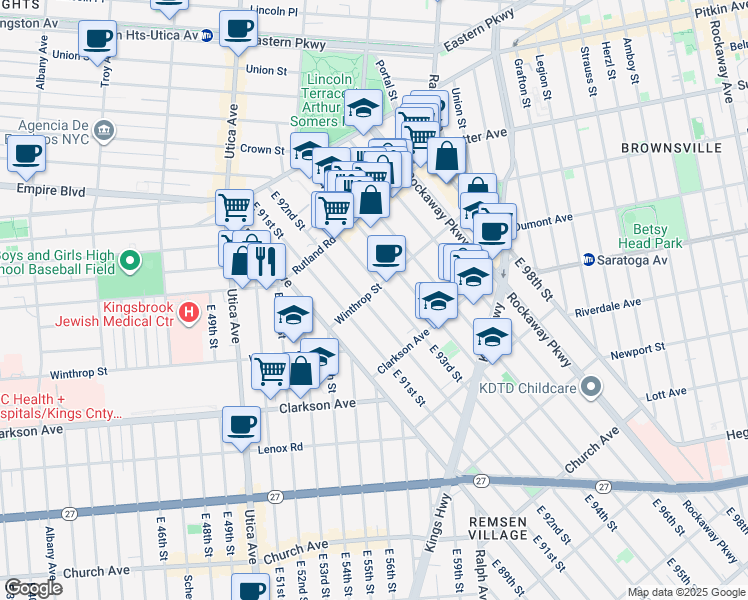 map of restaurants, bars, coffee shops, grocery stores, and more near 185 East 92nd Street in Brooklyn