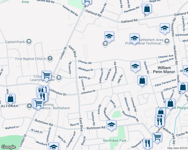 map of restaurants, bars, coffee shops, grocery stores, and more near 1831 Barrett Drive in Bethlehem