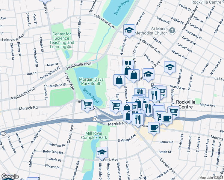 map of restaurants, bars, coffee shops, grocery stores, and more near 80 Banks Avenue in Rockville Centre