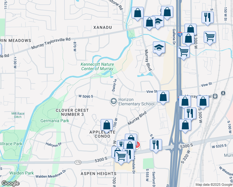 map of restaurants, bars, coffee shops, grocery stores, and more near 704 West Daisy Lane in Murray