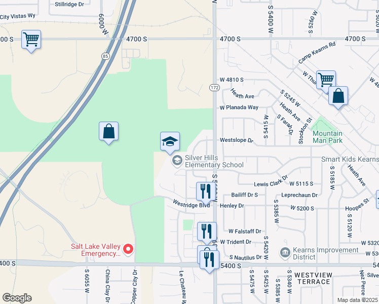 map of restaurants, bars, coffee shops, grocery stores, and more near 5002 Garden Ridge Road in West Valley City