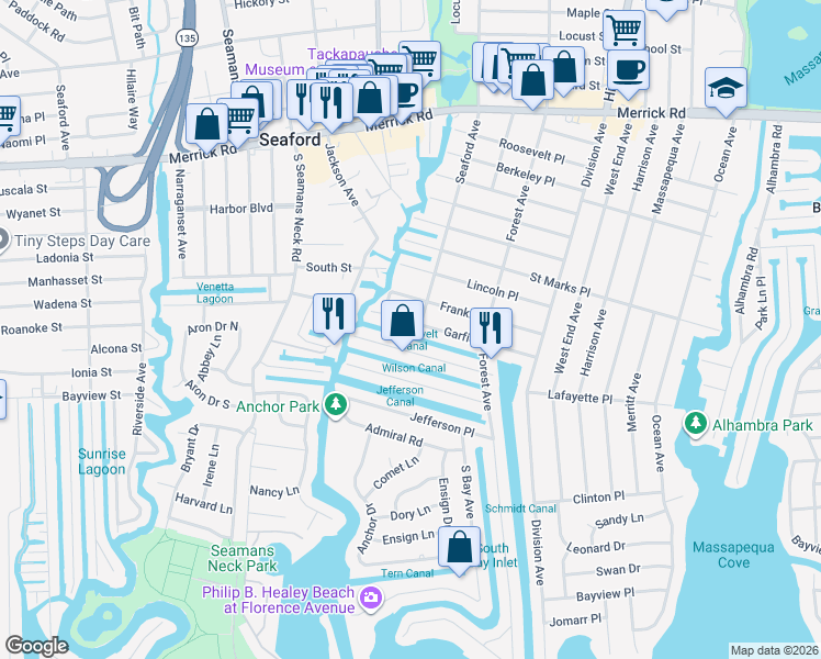 map of restaurants, bars, coffee shops, grocery stores, and more near 24 Garfield Place in Massapequa