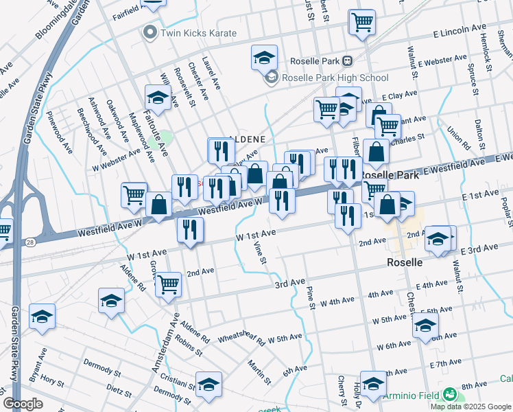 map of restaurants, bars, coffee shops, grocery stores, and more near 231 Westfield Avenue West in Roselle Park