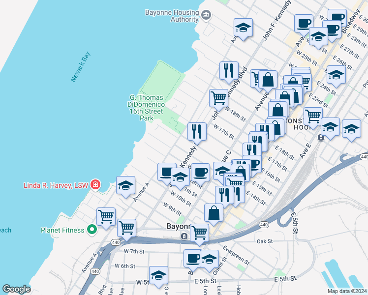 map of restaurants, bars, coffee shops, grocery stores, and more near 121 West 14th Street in Bayonne