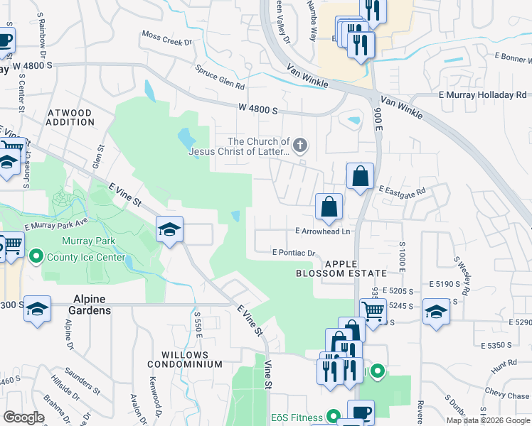 map of restaurants, bars, coffee shops, grocery stores, and more near 5070 Arrowhead Circle in Murray