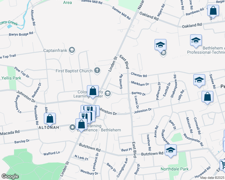 map of restaurants, bars, coffee shops, grocery stores, and more near 1451 Thompson Avenue in Bethlehem