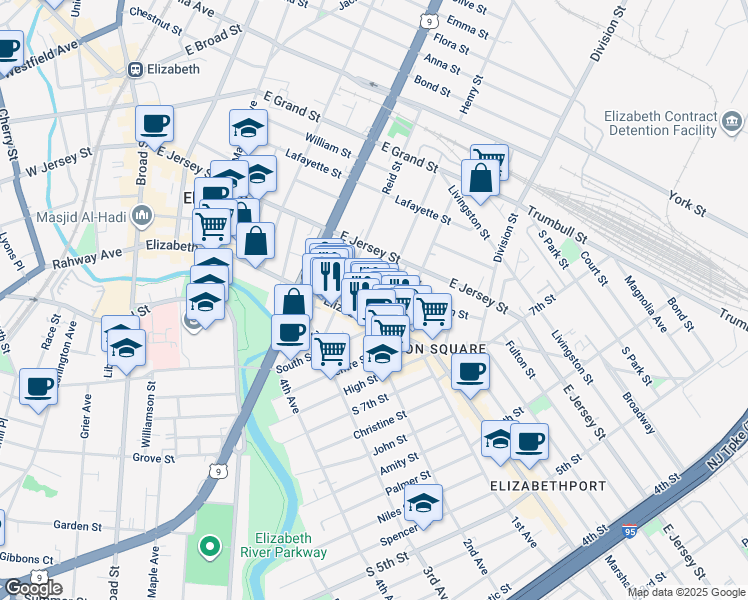 map of restaurants, bars, coffee shops, grocery stores, and more near 24 Jaques Street in Elizabeth