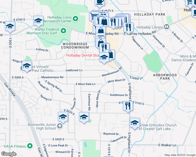 map of restaurants, bars, coffee shops, grocery stores, and more near 1814 East 4995 South in Holladay