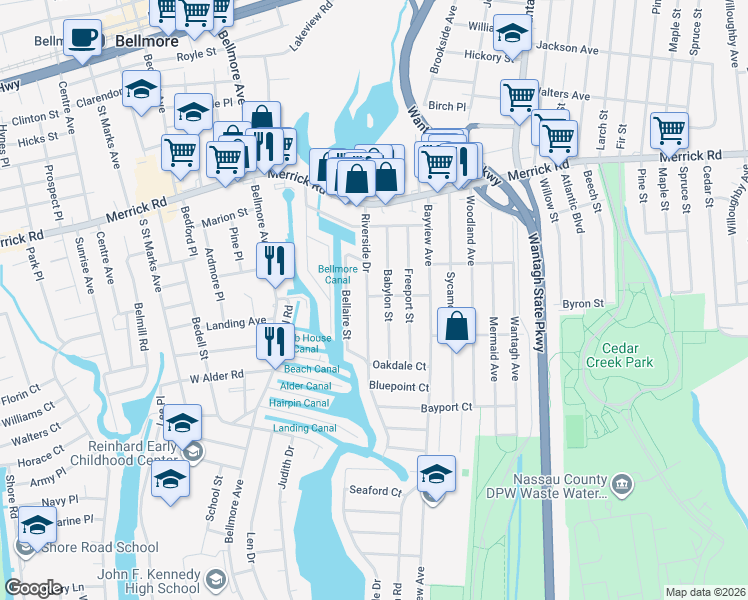 map of restaurants, bars, coffee shops, grocery stores, and more near 2420 Riverside Drive in Wantagh