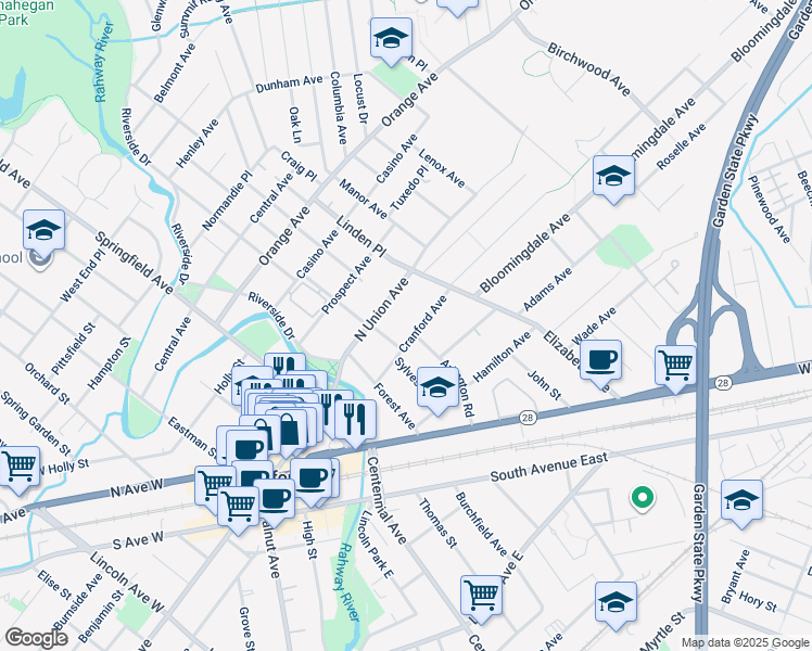 map of restaurants, bars, coffee shops, grocery stores, and more near 304 North Union Avenue in Cranford