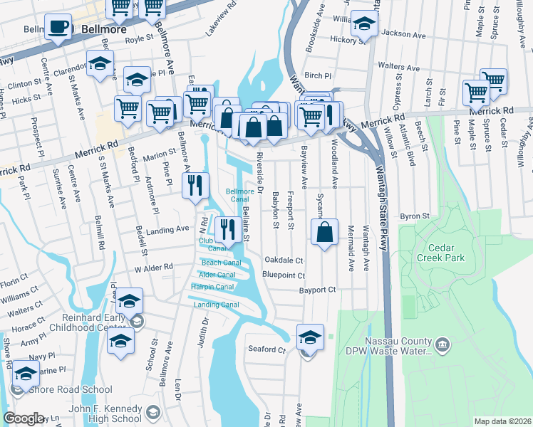 map of restaurants, bars, coffee shops, grocery stores, and more near 2420 Riverside Drive in Wantagh