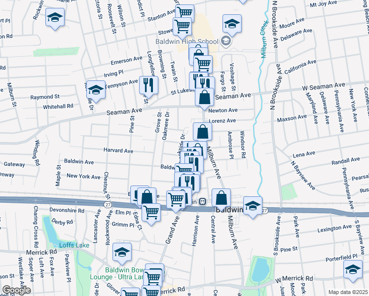 map of restaurants, bars, coffee shops, grocery stores, and more near 730 Florence Street in Baldwin