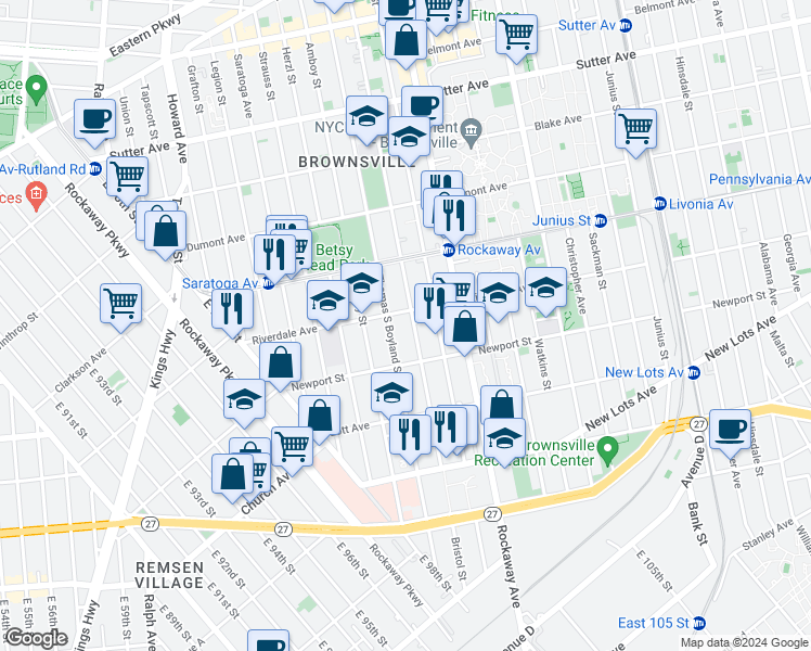 map of restaurants, bars, coffee shops, grocery stores, and more near 156 Riverdale Avenue in Brooklyn