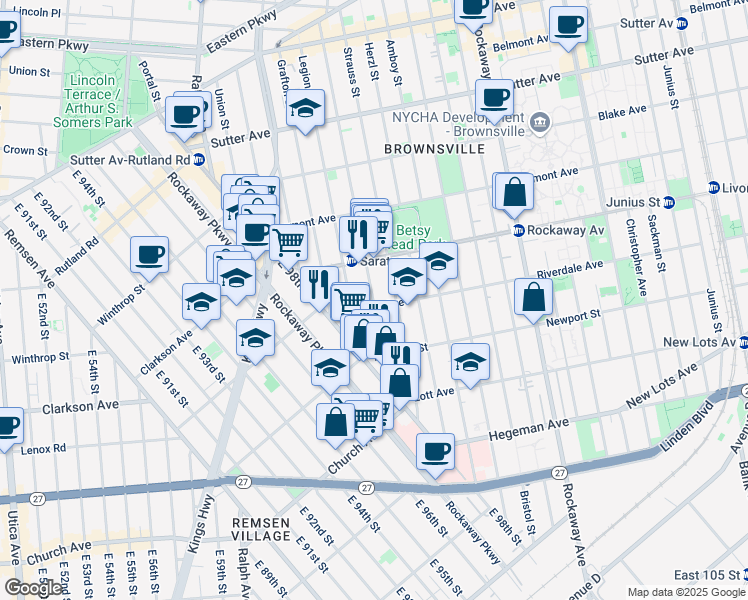 map of restaurants, bars, coffee shops, grocery stores, and more near 822 Saratoga Avenue in Brooklyn