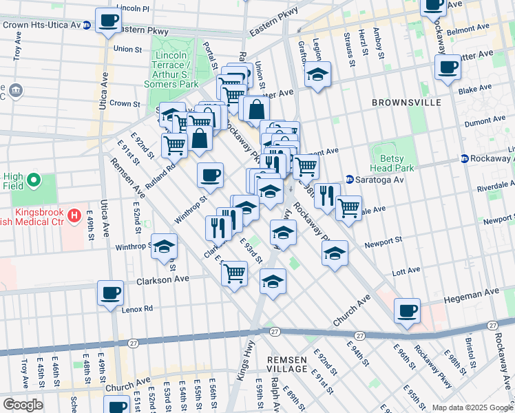 map of restaurants, bars, coffee shops, grocery stores, and more near 9517 Kings Highway in Brooklyn