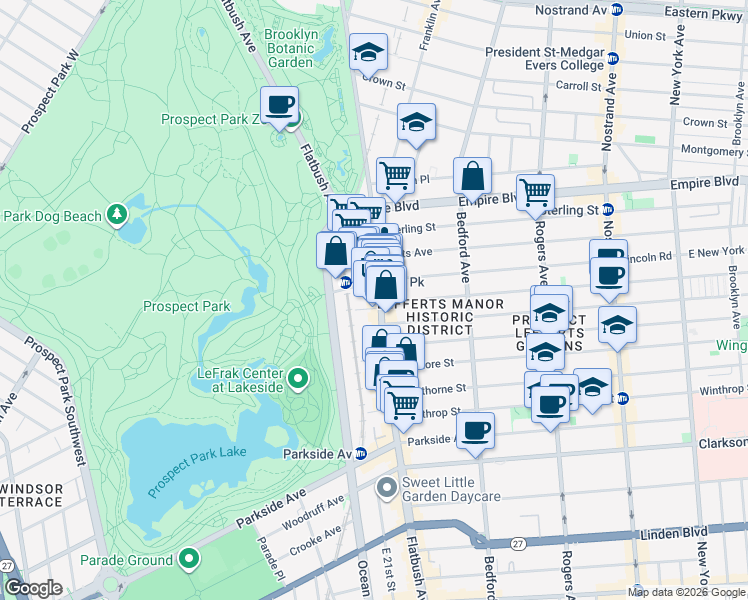 map of restaurants, bars, coffee shops, grocery stores, and more near 553 Flatbush Avenue in Brooklyn
