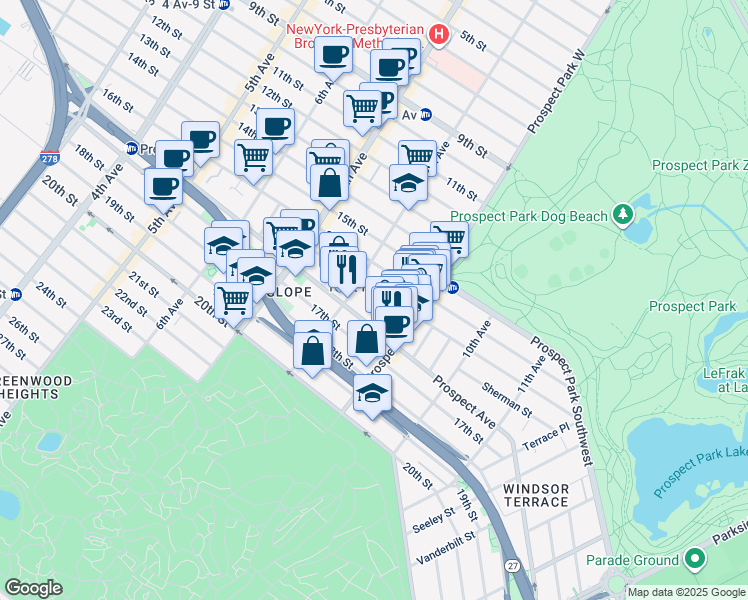 map of restaurants, bars, coffee shops, grocery stores, and more near 72 Windsor Place in Brooklyn