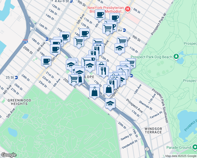 map of restaurants, bars, coffee shops, grocery stores, and more near 411A Prospect Avenue in Brooklyn