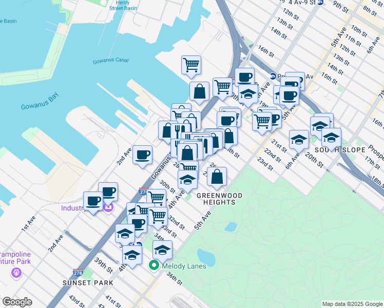 map of restaurants, bars, coffee shops, grocery stores, and more near 170 26th Street in Brooklyn