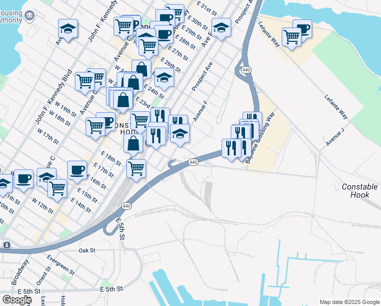 map of restaurants, bars, coffee shops, grocery stores, and more near 106 East 22nd Street in Bayonne