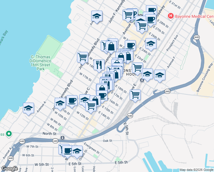 map of restaurants, bars, coffee shops, grocery stores, and more near 24 Andrew Street in Bayonne