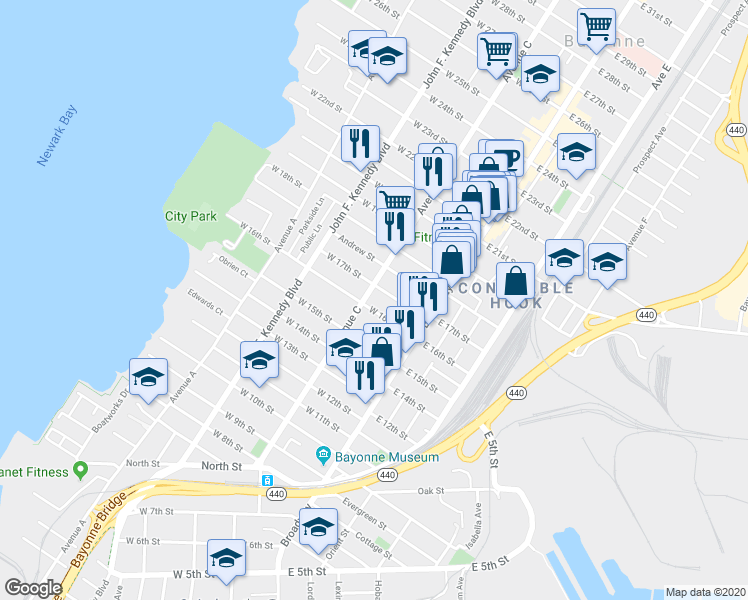 map of restaurants, bars, coffee shops, grocery stores, and more near 392 Avenue C in Bayonne
