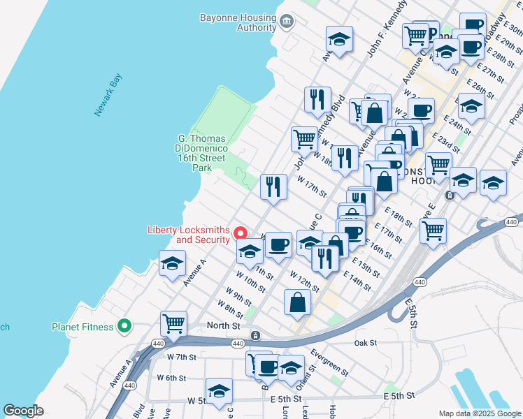 map of restaurants, bars, coffee shops, grocery stores, and more near 118 West 15th Street in Bayonne