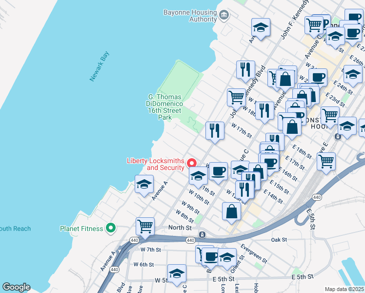 map of restaurants, bars, coffee shops, grocery stores, and more near 351 Avenue A in Bayonne