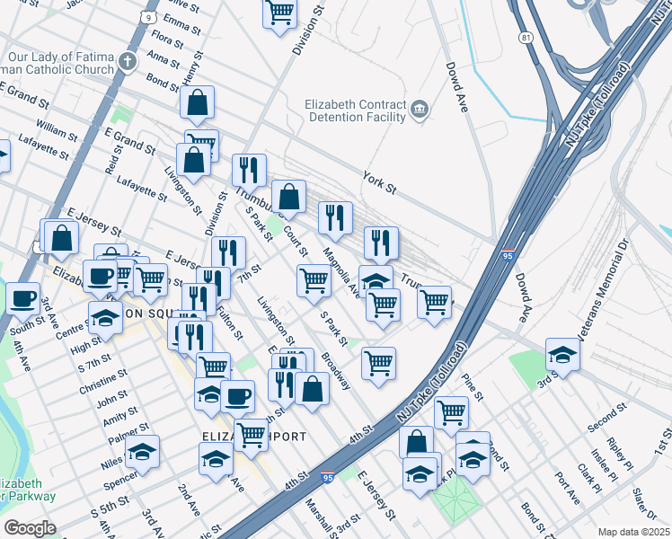 map of restaurants, bars, coffee shops, grocery stores, and more near 615 Magnolia Avenue in Elizabeth