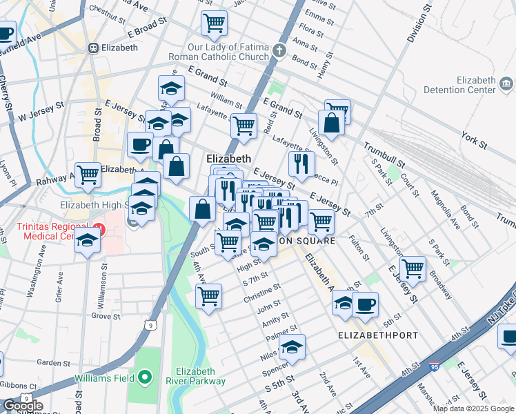 map of restaurants, bars, coffee shops, grocery stores, and more near 24 Jaques Street in Elizabeth