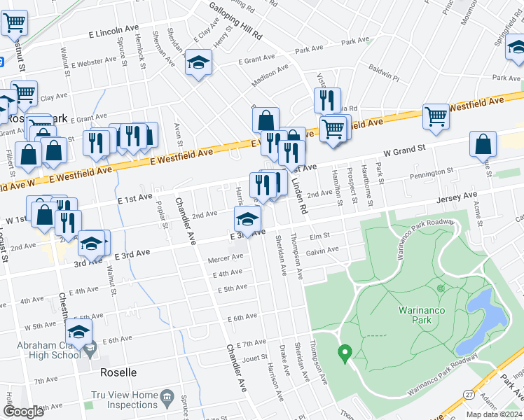 map of restaurants, bars, coffee shops, grocery stores, and more near 199 Sheridan Avenue in Roselle