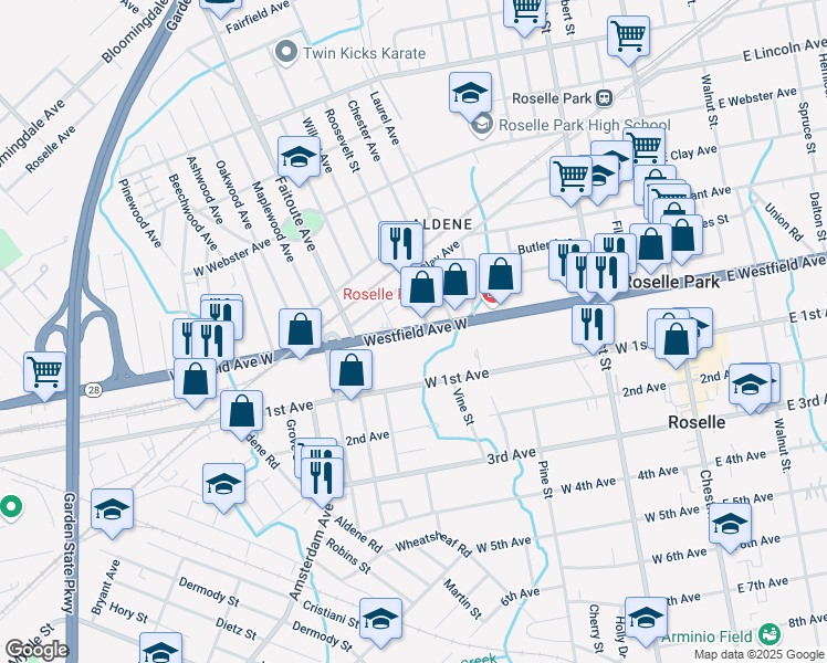 map of restaurants, bars, coffee shops, grocery stores, and more near 305 Westfield Avenue West in Roselle Park