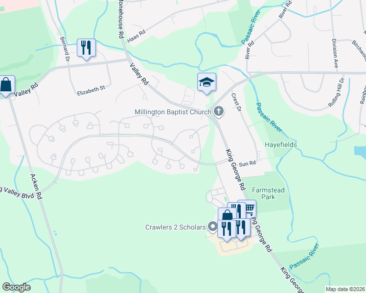 map of restaurants, bars, coffee shops, grocery stores, and more near 61 Commonwealth Drive in Basking Ridge