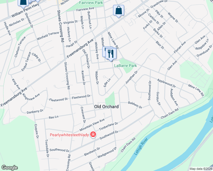 map of restaurants, bars, coffee shops, grocery stores, and more near 17 Edie Lane in Easton