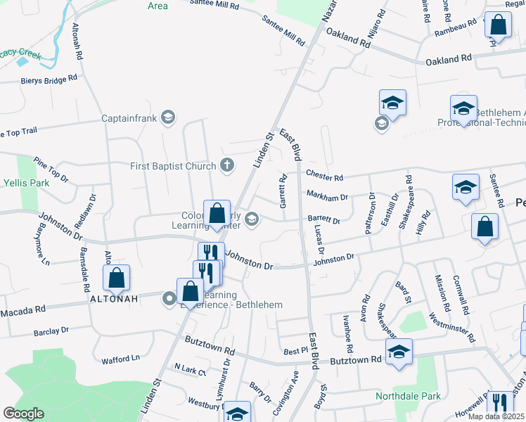 map of restaurants, bars, coffee shops, grocery stores, and more near 1451 Thompson Avenue in Bethlehem