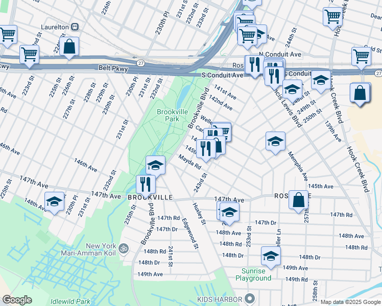 map of restaurants, bars, coffee shops, grocery stores, and more near 240-26 145th Avenue in Queens