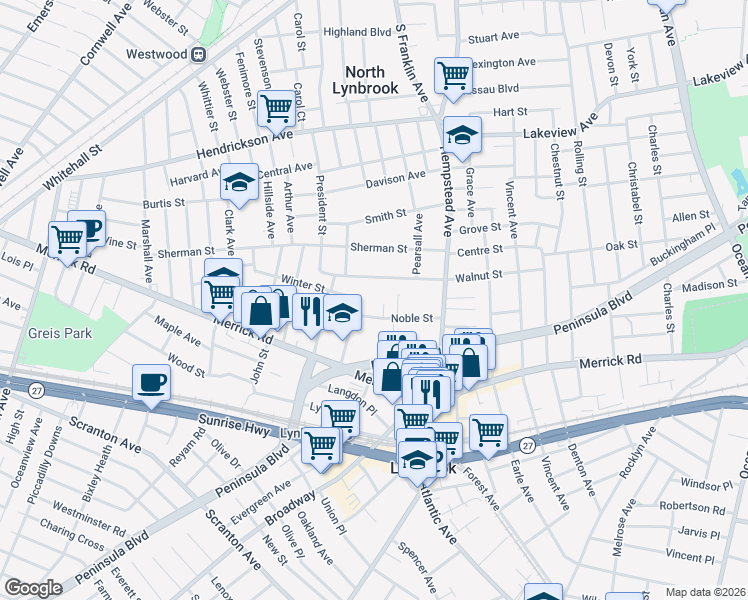 map of restaurants, bars, coffee shops, grocery stores, and more near 7 Glover Circle in Lynbrook