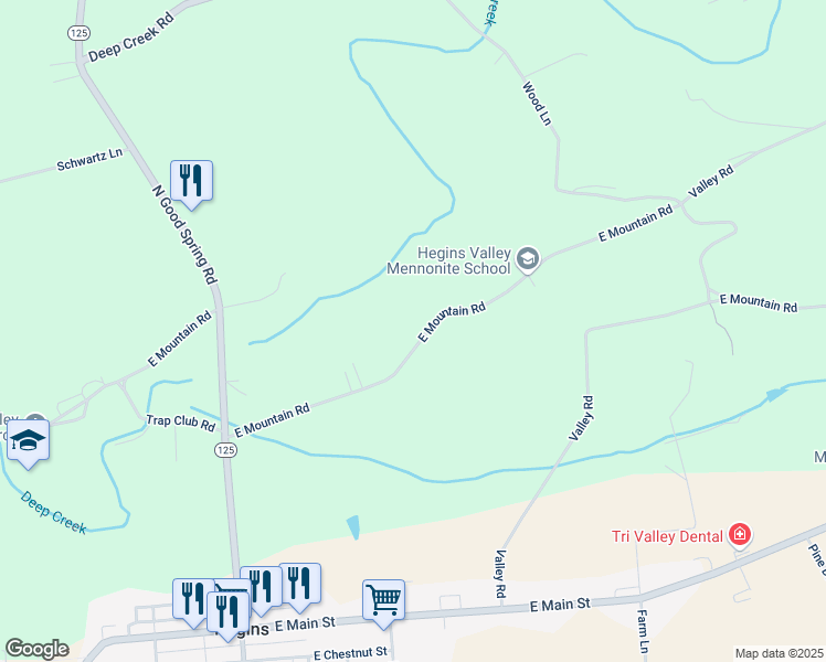 map of restaurants, bars, coffee shops, grocery stores, and more near 355 East Mountain Road in Hegins