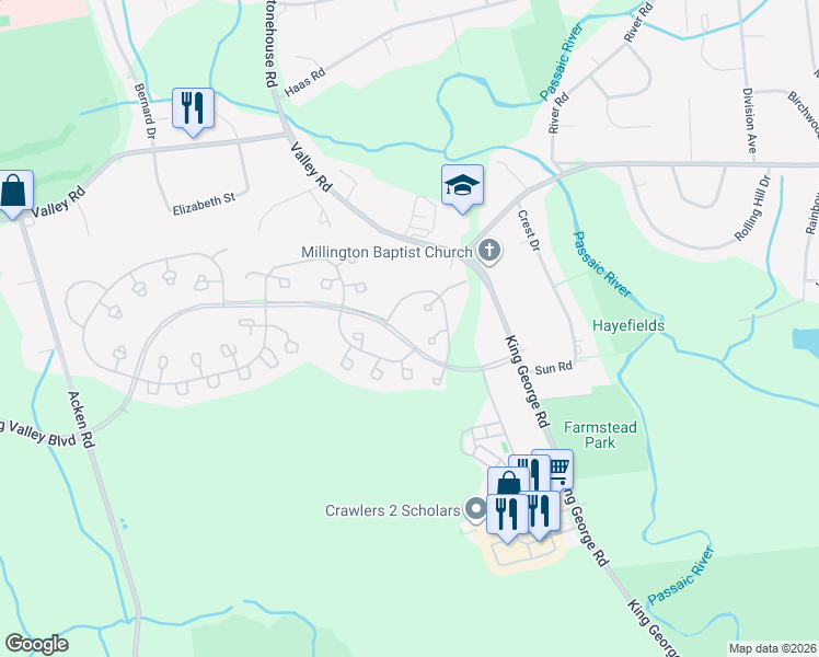 map of restaurants, bars, coffee shops, grocery stores, and more near 65 Commonwealth Drive in Bernards